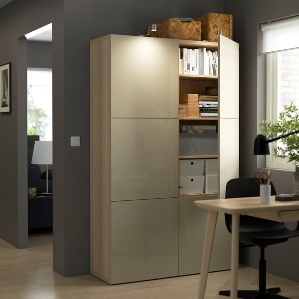 BESTÅ Aufbewahrung mit Türen, Eicheneff wlas/Selsviken Hochglanz beige, 120x42x193 cm