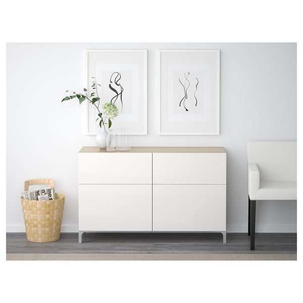 BESTÅ Aufbewkomb.+Türen/Schubladen, Eicheneff wlas/Selsviken Hochglanz/weiß, 120x42x74 cm