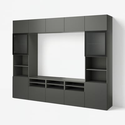 BESTÅ TV-Komb. mit Vitrinentüren, dunkelgrau Lappviken/Fällsvik anthrazit, 300x42x231 cm