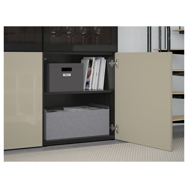 BESTÅ Vitrine, schwarzbraun/Selsviken Hochgl beige Klargl, 120x42x193 cm