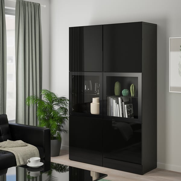 BESTÅ Vitrine, schwarzbraun/Selsviken Hochglanz/Klarglas schwarz, 120x42x193 cm