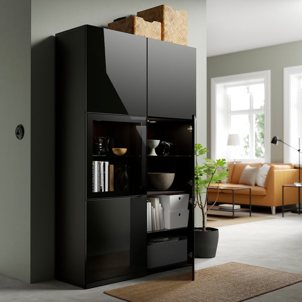 BESTÅ Vitrine, schwarzbraun/Selsviken Hochglanz/Klarglas schwarz, 120x42x193 cm