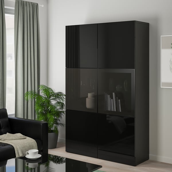 BESTÅ Vitrine, schwarzbraun/Selsviken Hochglanz/Rauchglas schwarz, 120x42x193 cm