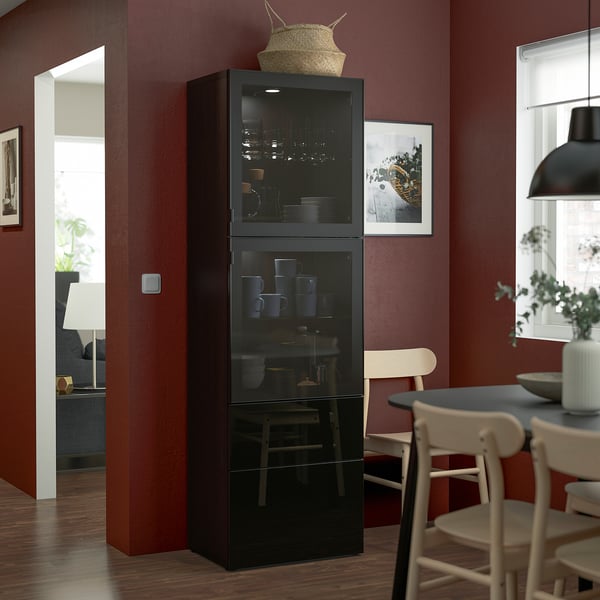 BESTÅ Vitrine, schwarzbraun/Selsviken Hochglanz/Rauchglas schwarz, 60x42x193 cm