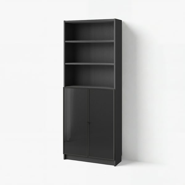 BILLY / HÖGBO Bücherregal mit Vitrinentüren, schwarz Eichenachbildung, 80x30x202 cm