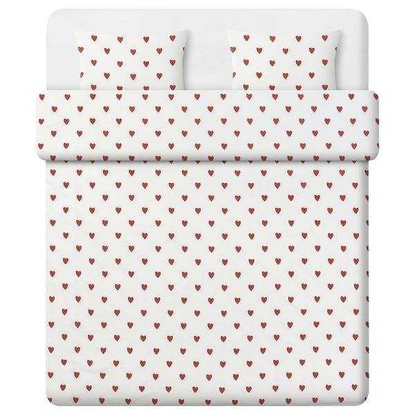 BJÖRNBÄRBUSKE Bettwäsche-Set, 3-teilig, Herzmuster weiß/rot, 240x220/50x60 cm