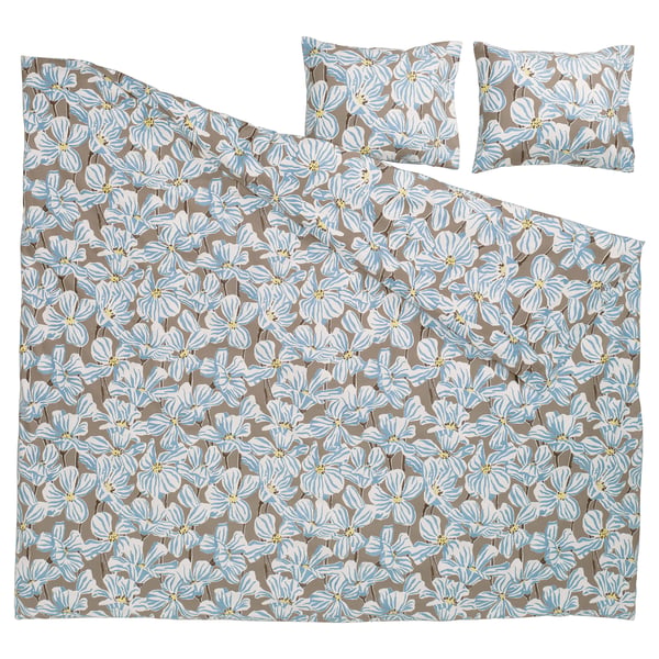 BÖNTRÄD Bettwäsche-Set, 3-teilig, dunkelbeige/Blumenmuster, 240x220/50x60 cm