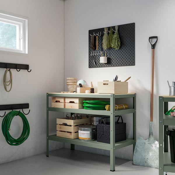 BROR Werkbank, graugrün/Kiefersperrholz, 110x55 cm