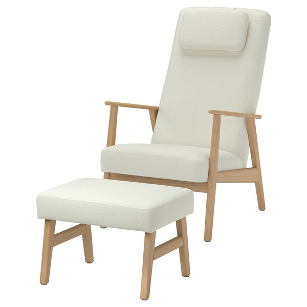 EKENÄSET Sessel mit hoher Rückenlehne+Hocker, Eichenachbildung/Axvall elfenbeinweiß