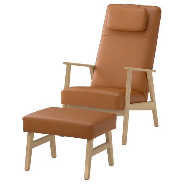 EKENÄSET Sessel mit hoher Rückenlehne+Hocker, Eichenachbildung/Grann/Bomstad goldbraun
