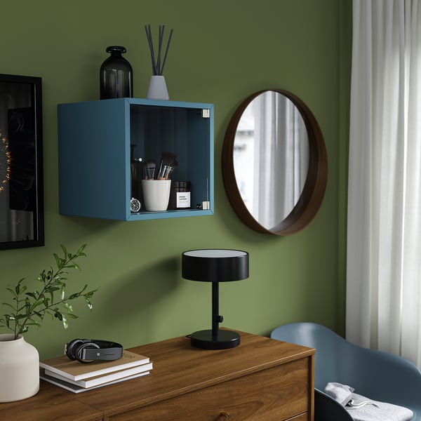 EKET Wandschrank mit Vitrinentür, dunkel graublau, 35x35x35 cm