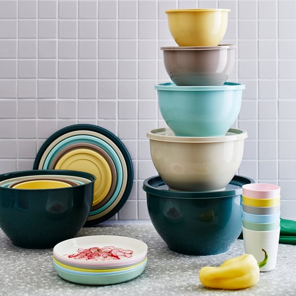 GARNITYREN Schüssel mit Deckel 5er-Set, versch. Farben