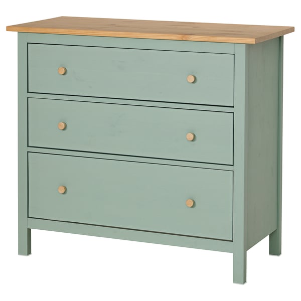 HEMNES Kommode mit 3 Schubladen, graugrün/hellbraun lasiert, 108x96 cm