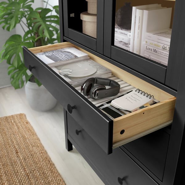 HEMNES Vitrine mit 3 Schubladen, schwarzbraun/hellbraun, 90x197 cm
