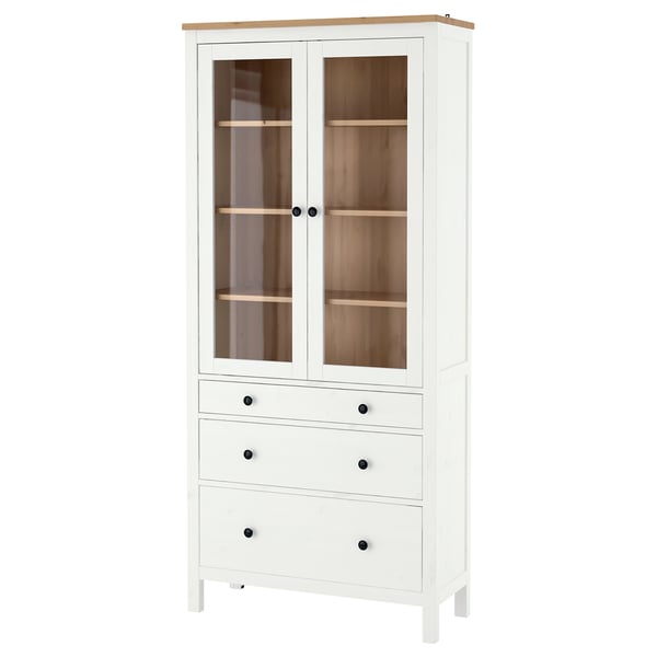 HEMNES Vitrine mit 3 Schubladen, weiß gebeizt/hellbraun, 90x197 cm