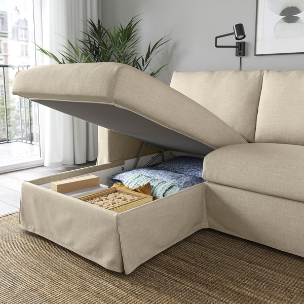 HYLTARP 3er-Sofa mit Récamiere, links, Hemmesta hellbeige