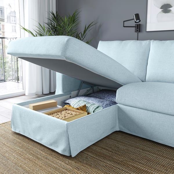 HYLTARP 3er-Sofa mit Récamiere, links, Kilanda blassblau