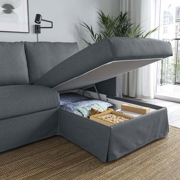 HYLTARP 3er-Sofa mit Récamiere, rechts, Gransel grau
