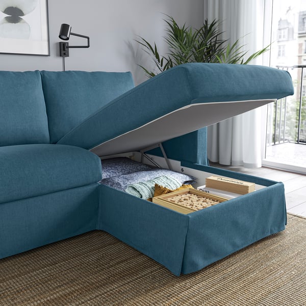 HYLTARP 3er-Sofa mit Récamiere, rechts, Tallmyra blau