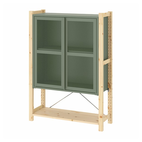 IVAR Schrank mit Türen, Kiefer/graugrün Netz, 89x30x124 cm