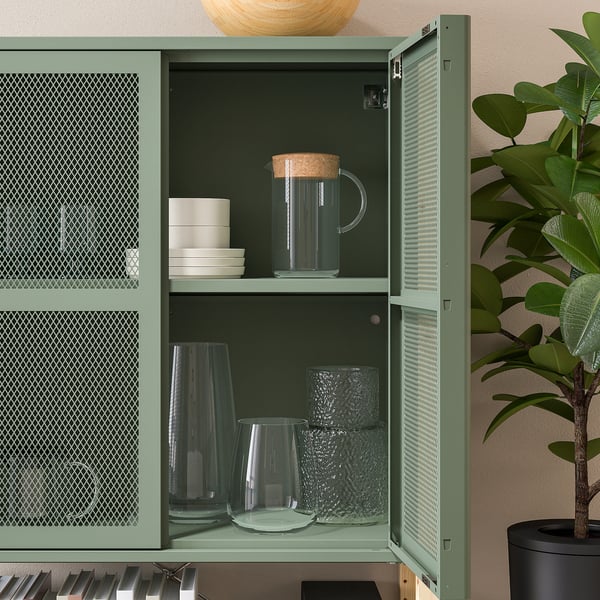 IVAR Schrank mit Türen, Kiefer/graugrün Netz, 89x30x124 cm