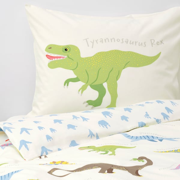 JÄTTELIK Bettwäsche-Set, 2-teilig, Dinosaurier/weiß, 150x200/50x60 cm