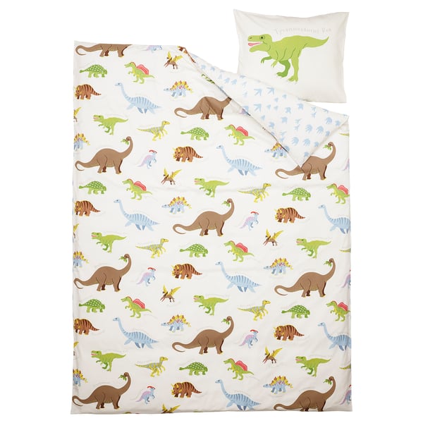 JÄTTELIK Bettwäsche-Set, 2-teilig, Dinosaurier/weiß, 150x200/50x60 cm