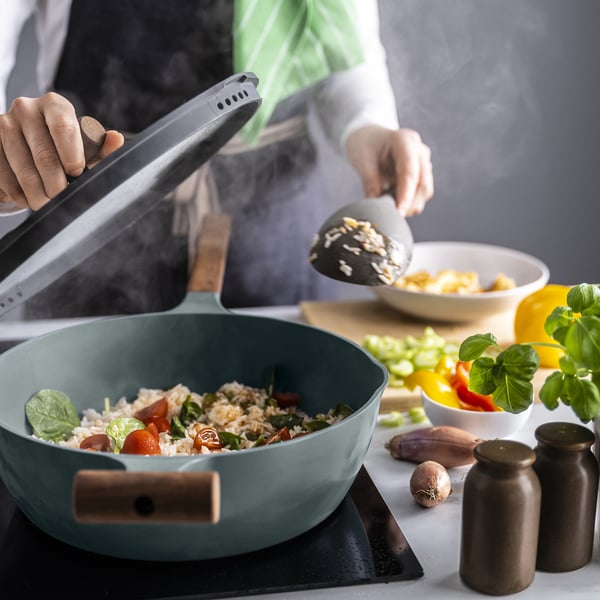 KLIPPFISK Sautépfanne mit Deckel, Antihaftbeschichtung Glas/Holz grautürkis, 28 cm