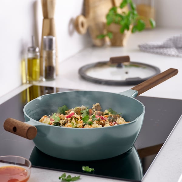 KLIPPFISK Sautépfanne mit Deckel, Antihaftbeschichtung Glas/Holz grautürkis, 28 cm