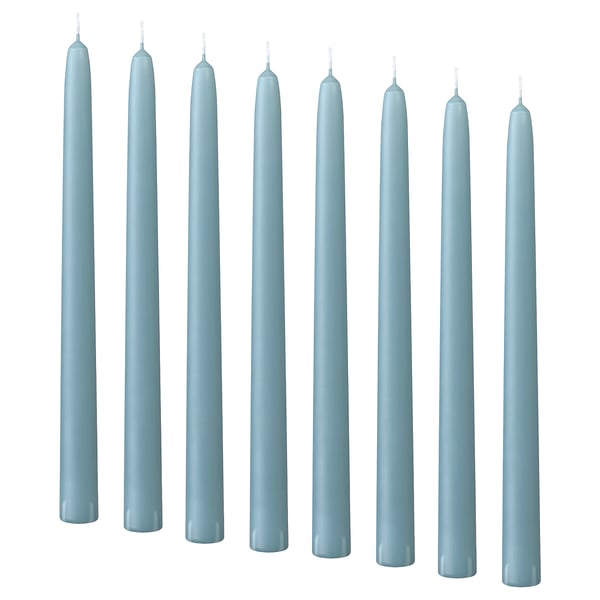 KLOKHET Lüsterkerze, duftneutral, blassblau, 25 cm 5.5 Std.