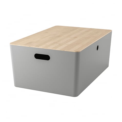KUGGIS Box mit Deckel, hellgrau/Bambus, 37x54x21 cm