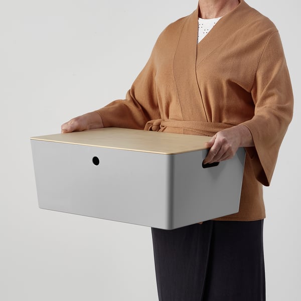 KUGGIS Box mit Deckel, hellgrau/Bambus, 37x54x21 cm