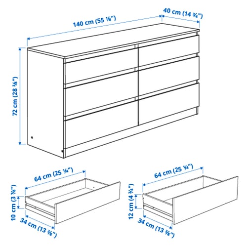 KULLEN Kommode mit 6 Schubladen, schwarzbraun, 140x40x72 cm