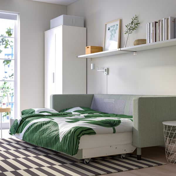 LANDSKRONA 3er-Bettsofa, Gunnared hellgrün/Holz/schwarz