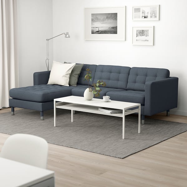 LANDSKRONA 3er-Sofa, mit Récamiere/Gunnared blau/Metall