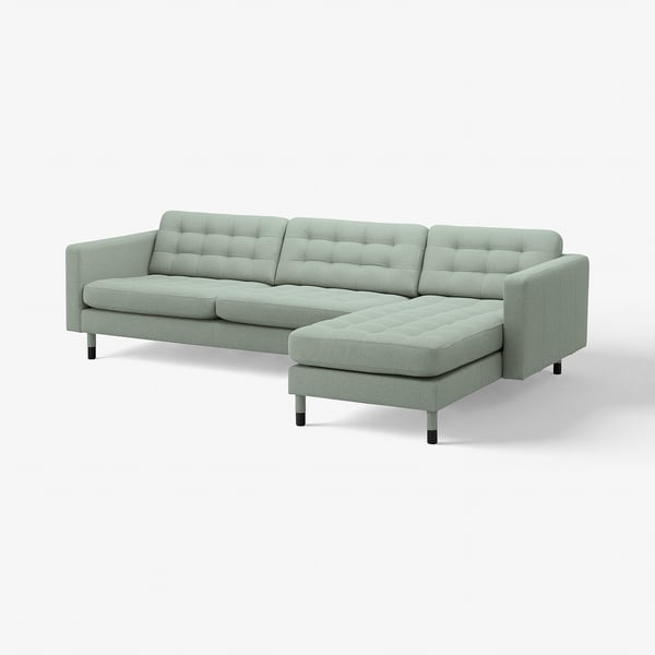 LANDSKRONA 4er-Sofa mit Récamiere, Gunnared hellgrün/Holz/schwarz