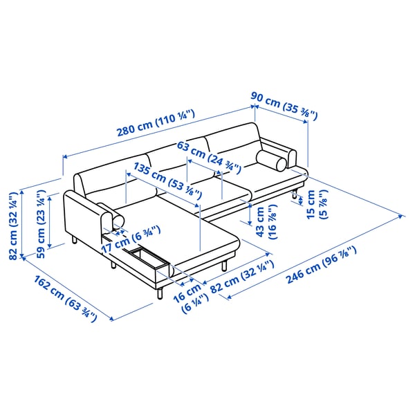 LÅNGARYD 3er-Sofa mit Récamiere, links, Lejde/hellgrau Metall