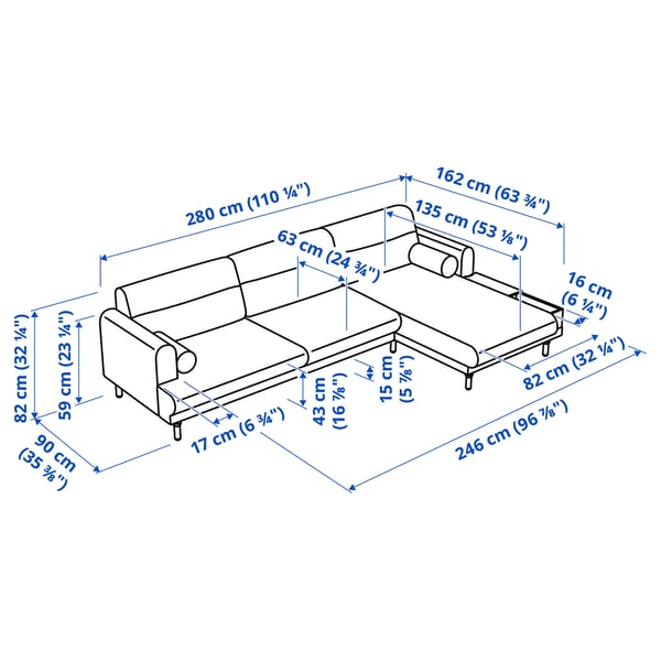 LÅNGARYD 3er-Sofa mit Récamiere, rechts, Lejde/hellgrau Metall
