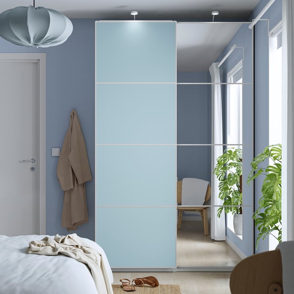 MEHAMN/AULI Schiebetürpaar, Aluminium doppelseitig/hellblau Spiegelglas, 150x236 cm