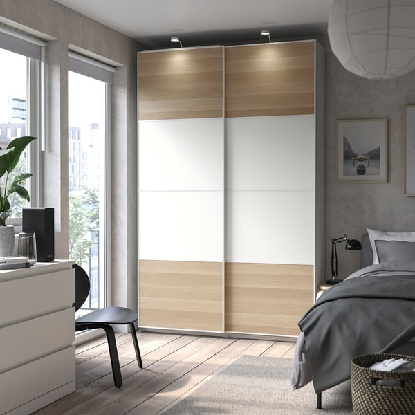 MEHAMN Schiebetürpaar, doppelseitig/Eicheneff wlas weiß, 150x236 cm