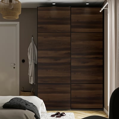 MEHAMN Schiebetürpaar, schwarz/doppelseitig Eichenachbildung dunkelbraun, 150x236 cm