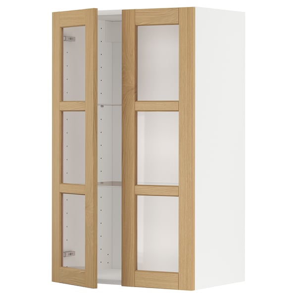 METOD Wandschrank mit Böden/2 Glastüren, weiß/Forsbacka Eiche, 60x100 cm