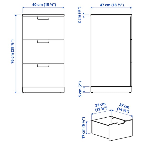 NORDLI Kommode mit 3 Schubladen, weiß, 40x76 cm