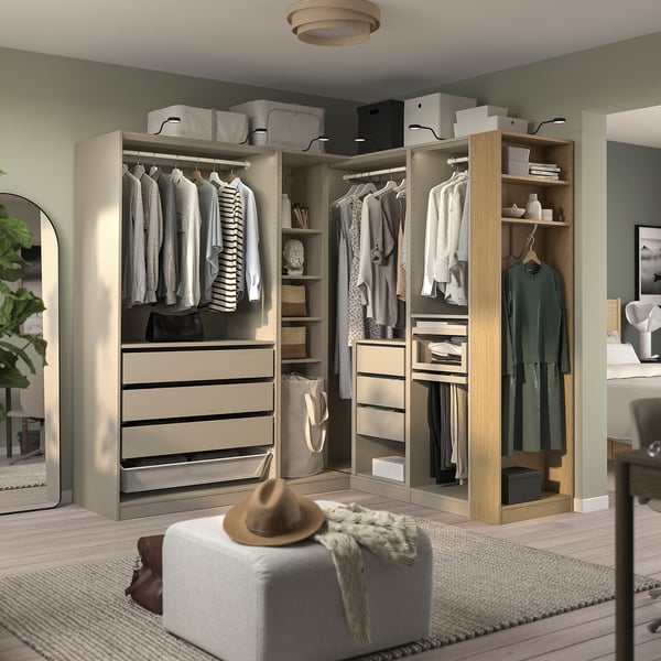 PAX Eckkleiderschrank, graubeige/graubeige Eichenfurnier, 210/180x201 cm