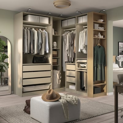 PAX Eckkleiderschrank, graubeige/graubeige Eichenfurnier, 210/180x236 cm