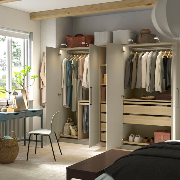 PAX / FORSAND Schrankkombination, graubeige/Eicheneff wlas graubeige, 250x60x201 cm