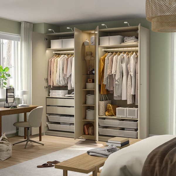 PAX / FORSAND Schrankkombination, graubeige graubeige/Eichenachbildung, 235x60x236 cm
