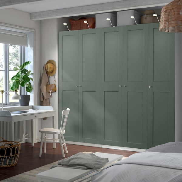 PAX / GRIMO Schrankkombination, weiß/graugrün, 250x60x236 cm
