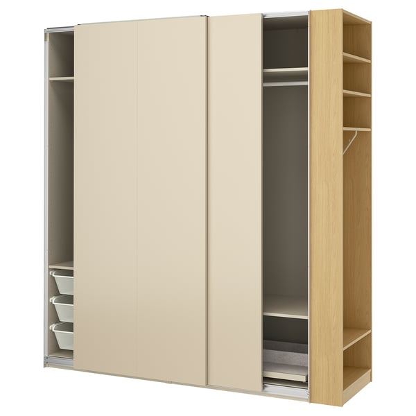 PAX / HASVIK Kleiderschrank mit Schiebetüren, graubeige graubeige/Eichenachbildung, 220x66x236 cm