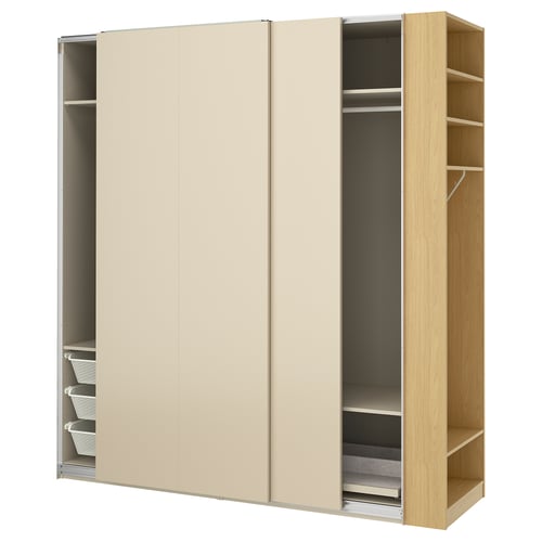 PAX / HASVIK Kleiderschrank mit Schiebetüren, graubeige graubeige/Eichenachbildung, 220x66x236 cm